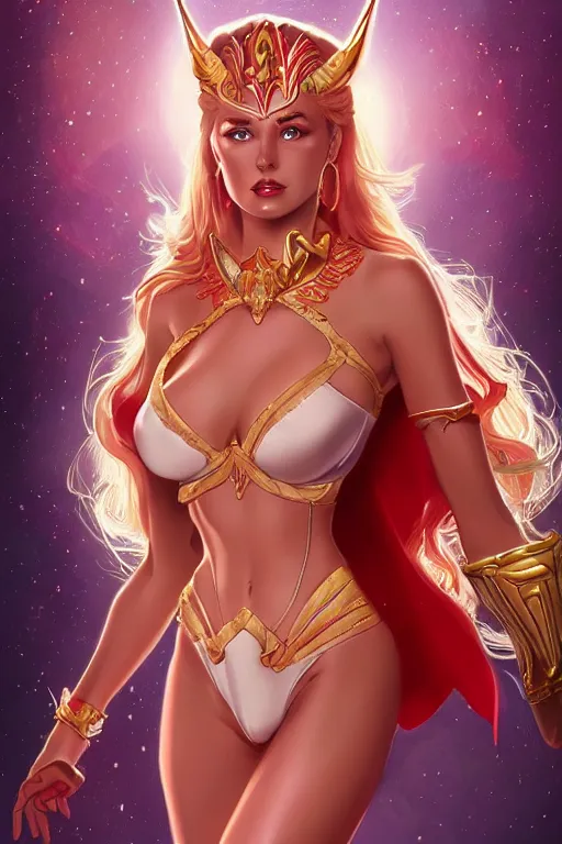 Prompt: ultra realistic illustration, she - ra the princess of power in lingerie, sci - fi, fantasy, intricate, elegant, highly detailed, digital painting, artstation, concept art, smooth, sharp focus, illustration, art by artgerm and alphonse mucha