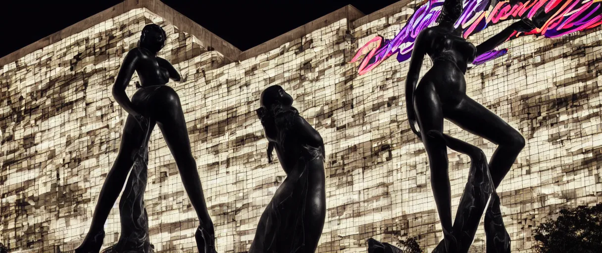 Image similar to night time photo of billboard advertisement of extremely beautiful female black marble statue in the style of virgil abloh, colorful motocross logos behind her, sharp focus, clear, detailed,, cinematic, detailed, off white, glamourous, symmetrical, vogue, editorial, fashion, magazine shoot, glossy