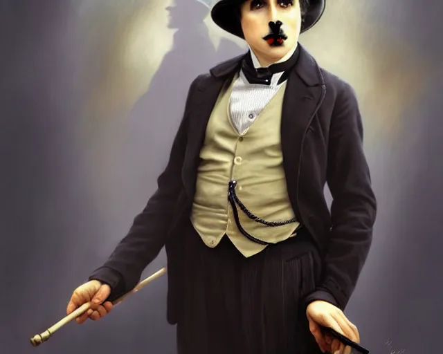 Image similar to charlie chaplin from 1 9 2 0, photography of kurzgesagt, deep focus, d & d, fantasy, intricate, elegant, highly detailed, digital painting, artstation, concept art, matte, sharp focus, illustration, hearthstone, art by artgerm and greg rutkowski and alphonse mucha