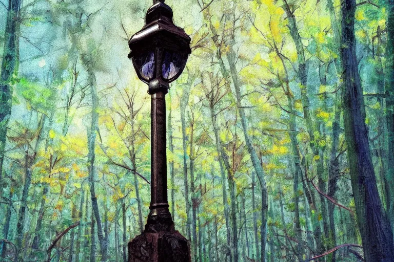 Image similar to vintage iron lamp post in the forest in the spring. Cinematic. Intricately detailed acrylic painting