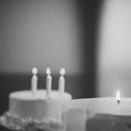 Prompt: Birthday white cake with burning candles in a empty abandoned pitch black jail cell - vintage grayscale camera, film grain, compressed jpeg