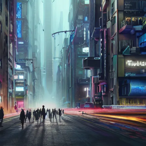 Prompt: hyperrealistic matte painting of a cyberpunk city street, travelers walking under massive buildings, complex, long street, intricate detail, super focus, cinematic lighting, polished, vr, cables, city lights,, distortions, piping, 8 k resolution, by hugh ferris, cyberpunk style, concept art, trending on artstation