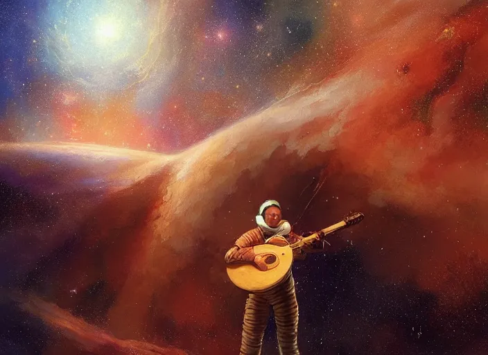 Image similar to craig mullins and ghibli digital illustration of an astronaut floating in the middle of the cosmos playing the oud!!! improvisation, full body!!!, strong contrast, earth, galaxies, ethereal, inviting, bright, unreal engine, hyper realism, realistic shading, cinematic composition, wide shot