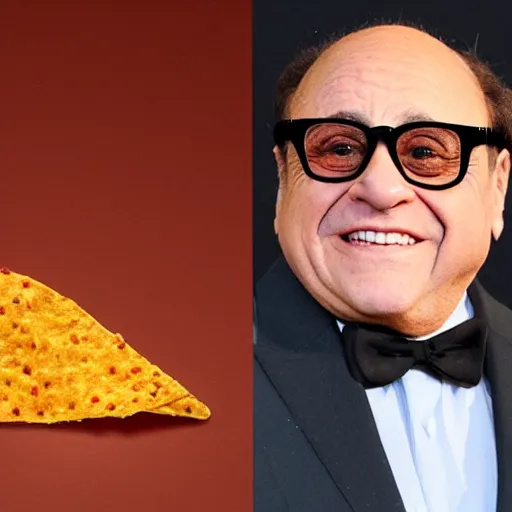 Image similar to danny devito with skin made out of a dorito