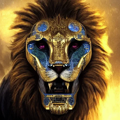 Image similar to Very very very very highly detailed epic photo of face with lion venetian mask, intricate, dystopian, sci-fi, extremely detailed, digital painting, artstation, concept art, smooth, sharp focus, illustration, intimidating lighting, incredible art by Artgerm and Vincent di Fate