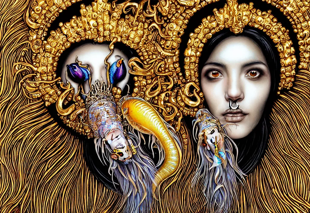 Image similar to isis goddess macro close - up portrait with extremely detailed crown made of ram skull dripping gold + betta fish + jellyfish, in the style of james jean, bioluminiscent, plasma, wind, creature