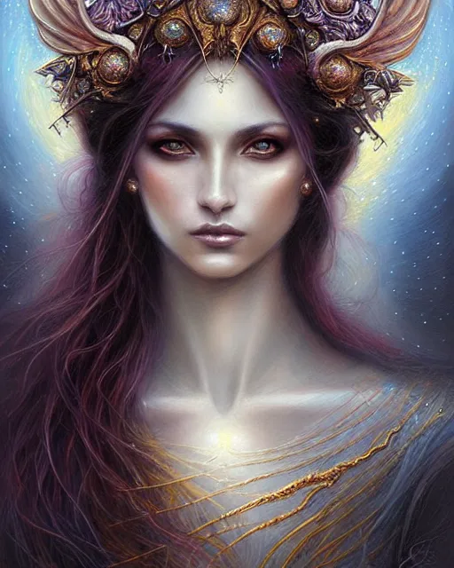 Image similar to portrait of a beautiful celestial goddess, unusual beauty, esoteric, muted colors, head in focus, fantasy art, ornamental aesthetics intricate, elegant, highly detailed, hyperrealistic painting, artstation, concept art, painterly, sharp focus, illustration, art by lois royo