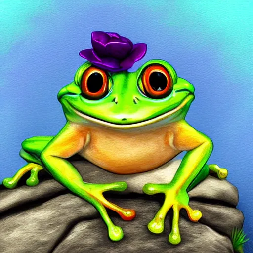 Image similar to cutest frog sitting on a rock and sing, digital painting