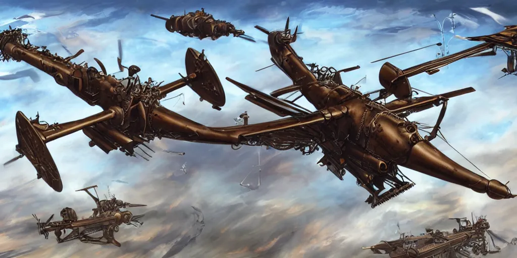 Prompt: war of steampunk attack helicopters, concept art, industrial design, detailed, 4 k, smooth curves, azure sky