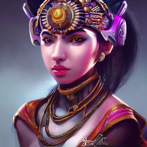 Prompt: A portrait of a cybernetic royal dark baroque indian tribal gamer girl. , trending on artstation, digital art, by Stanley Artgerm Lau, WLOP, Rossdraws, James Jean, Andrei Riabovitchev, Marc Simonetti, Yoshitaka Amano