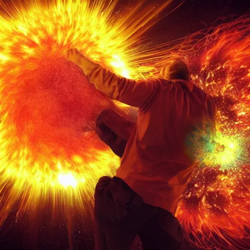 Image similar to man facing an exploding supernova. photorealism. epic.