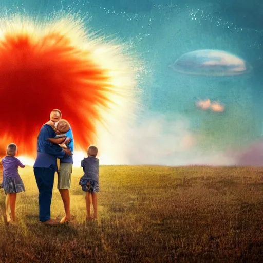 Image similar to A family hugging each other, apocalyptic nuclear explosion in the background