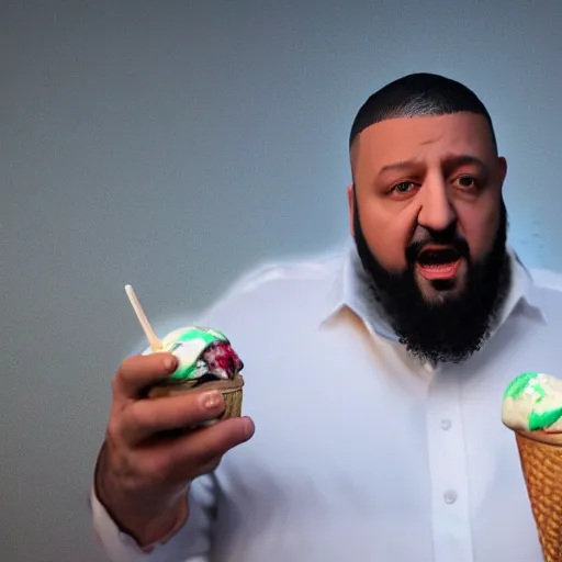 Image similar to a highly detailed realistic photographic render saint dj khaled with ice cream in hands, religious sculpture, cinematic lighting, cinematic scene, Volumetric lighting, Atmospheric scene, Dark, Horror, Atmospheric lighting, Global illumination, realistic, photo realism, hyper realistic, hyper realism, photo realisitc, cinematic render, film, beautifully lit, ray traced, octane 3D render, octane render, unreal engine