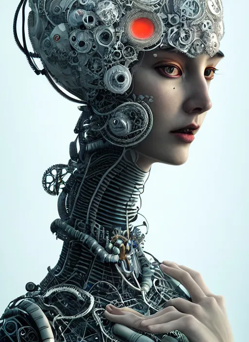 Image similar to portrait of an absurdly beautiful, graceful, sophisticated, fashionable cyberpunk mechanoid, hyperdetailed illustration by irakli nadar and vania zouravliov, matt wisniewski style, intricate linework, white porcelain skin, faberge, coral headdress, unreal engine 5 highly rendered, global illumination, radiant light, detailed and intricate environment