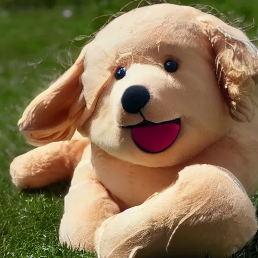 Image similar to a happy golden retriever puppyplush doll, 8 k. photorrealism. photography.