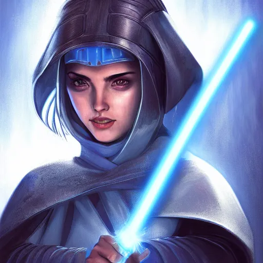 Prompt: head and shoulders portrait of a female knight, jedi, robes, blue lightsaber, ana de armas, star wars, by artgerm, face detail, extremely detailed, digital manga