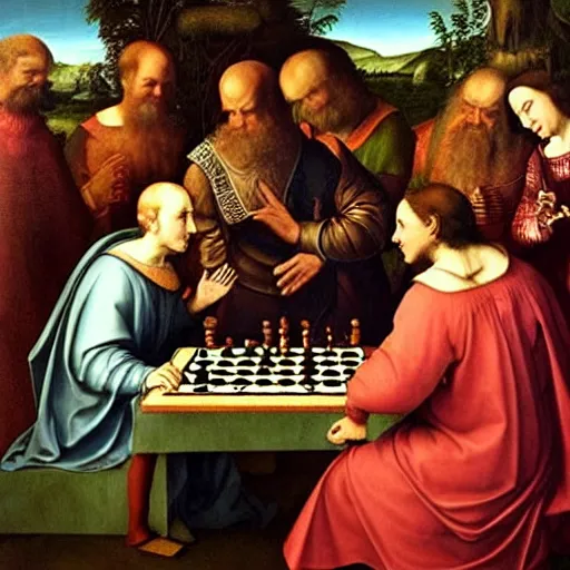 Image similar to a renaissance painting of two aliens playing chess