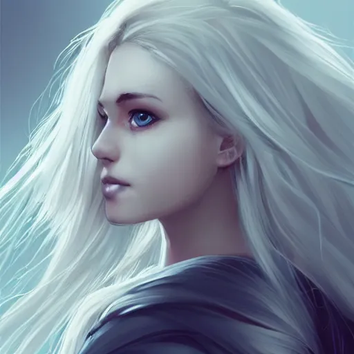 Image similar to woman, messy wavy white hair, light blue eyes, beautiful, portrait, d & d, character art, matte, sharp focus, illustration, concept art,