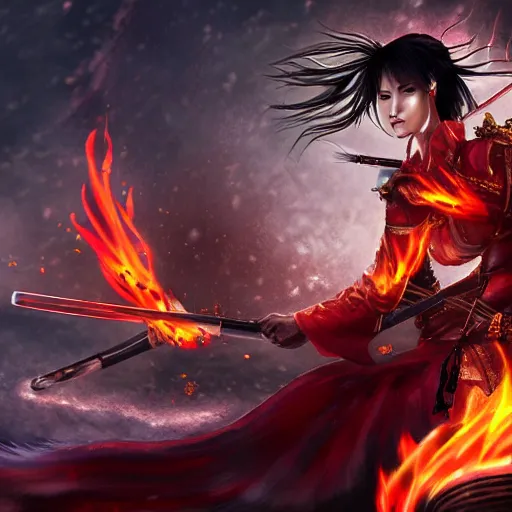 Prompt: japanese fire warrior goddess with a flaming sword, epic character portrait, insanely detailed, digital art, pixiv, much wow, wallpaper, 3 d style, shaded, radiant light, illuminated.