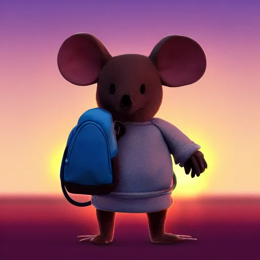Prompt: a mouse with a backpack, character, sunset, moebius, high quality, 4 k