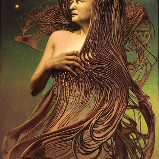 Image similar to queen of jupiter by zdzisław beksinski, zaha hadid and alphonse mucha. highly detailed, hyper - real, outstanding