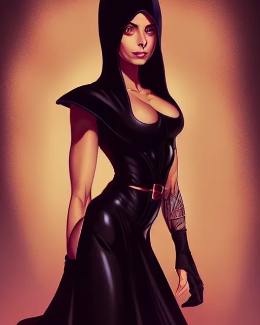 Image similar to style of raphael lacoste, artgerm : : gorgeous willa holland : : evil witch, swirling black magic, black dress : : symmetrical face, symmetrical eyes : : full body pose : : gorgeous black hair : : magic lighting, low spacial lighting : :