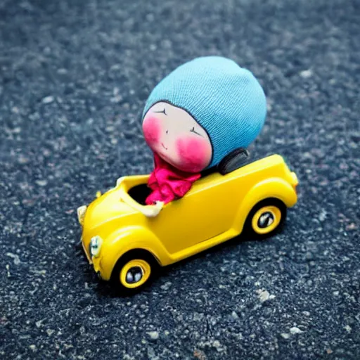 Prompt: blue doll holding yellow car in the hand, on top of her head laying red ball