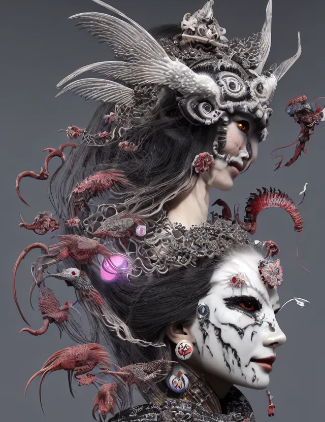 Image similar to 3 d goddess of hell close - up profile portrait with ram skull. beautiful intricately detailed japanese crow kitsune mask and clasical japanese kimono. betta fish, jellyfish phoenix, bio luminescent, plasma, ice, water, wind, creature, artwork by tooth wu and wlop and beeple and greg rutkowski