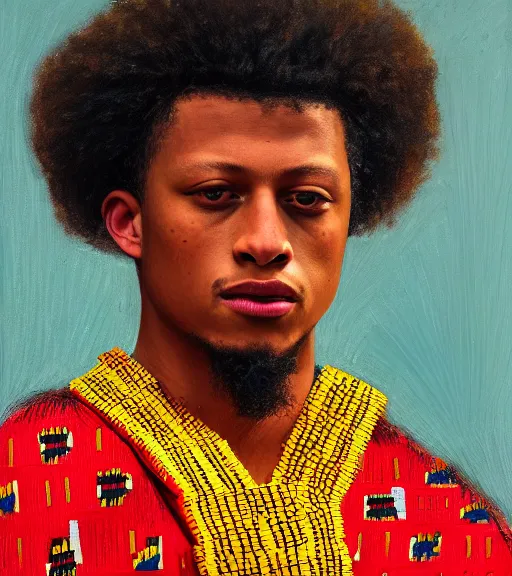 Prompt: official side portrait of a ghanaian prince, patrick mahomes, in kansas city chiefs kente cloth, 1 8 6 8, a character portrait by cassius marcellus coolidge, reddit contest winner, japanese romantacism, romanticism, oil on canvas, detailed painting, creative commons attribution