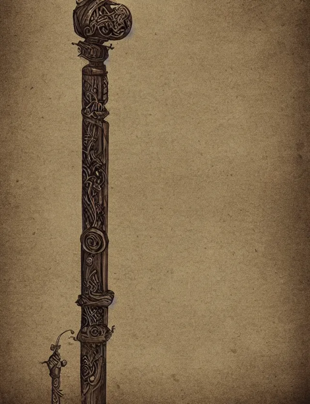 Image similar to an ornate wooden staff, fantasy illustration, medieval era, blank background, studio lighting, hand - drawn digital art