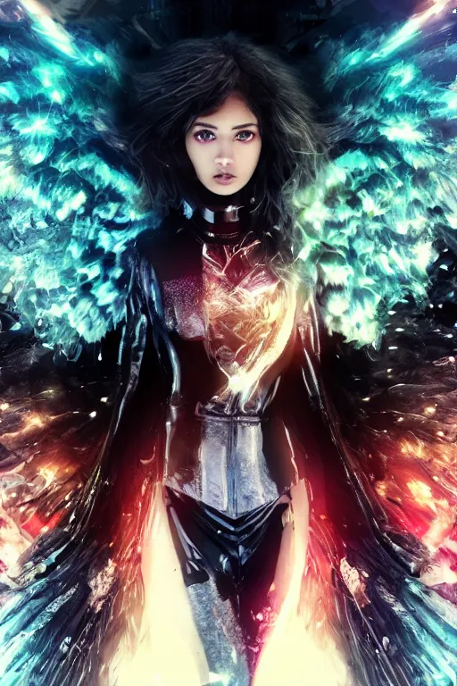 Image similar to A curly-haired girl in diamond hair with angel wings rushes into a black leather suit against the background of golden sparks, Anime, cyberpunk, gothic, dark fantasy, art, 4k,