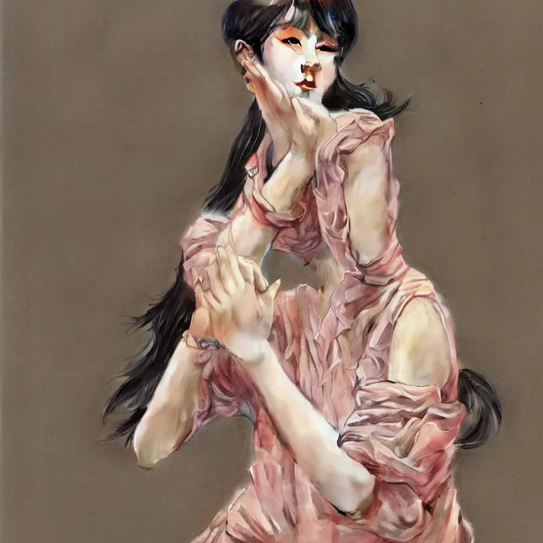 Image similar to portrait of kpop idol, expressive pose, lively expression, a pastel by chip zdarsky, trending on pinterest, mingei, full body, stylish, intricate, elegant, rose tones, highly detailed, digital painting, artstation, concept art, smooth, sharp focus, illustration, art by artgerm and greg rutkowski and alphonse mucha