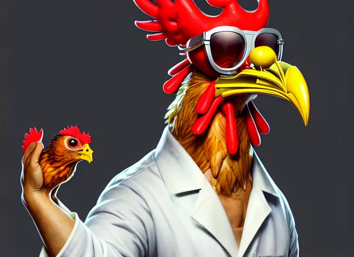 Prompt: an anthropomorphic chicken wearing sunglasses wearing a lab coat, diffuse lighting, fantasy, intricate, elegant, highly detailed, lifelike, photorealistic, digital painting, artstation, illustration, concept art, smooth, sharp focus, art by frank frazetta and marco bucci and loish and rossdraws and artgerm and alphonse mucha