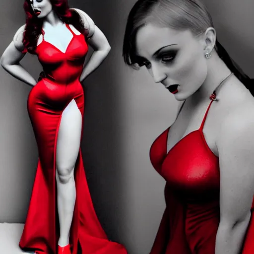 Image similar to photography sophie turner as jessica rabbit in her red dress, femme fetal, darkroom, dramatic high contrast lighting like sin city, ultra - realistic, intricate detail, 8 k