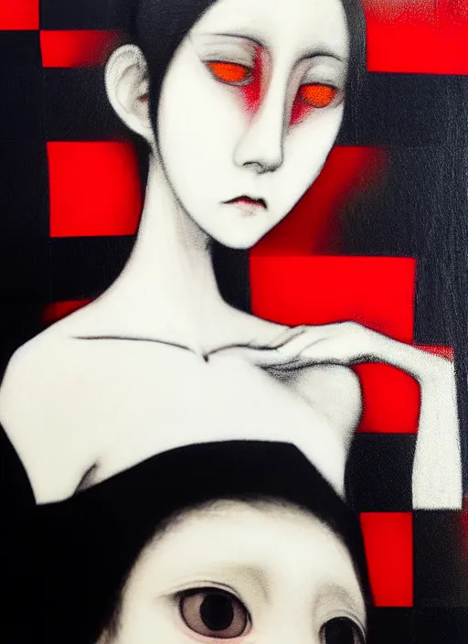 Prompt: red, white and black color palette, yoshitaka amano blurred and dreamy realistic three quarter angle portrait of a young woman with short hair and black eyes wearing office suit with tie, junji ito abstract patterns in the background, satoshi kon anime, noisy film grain effect, highly detailed, renaissance oil painting, weird portrait angle, blurred lost edges