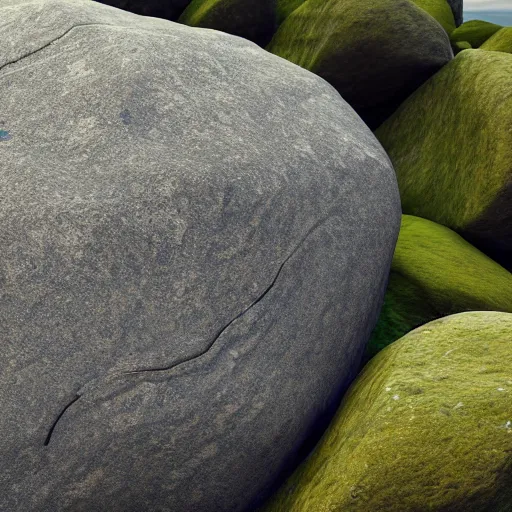 Image similar to a beautiful rock on the beach, octane render nvidia raytracing, lush vegetation