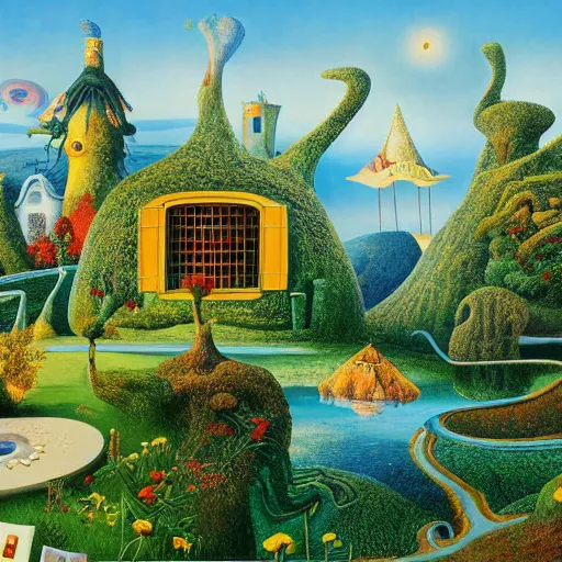 Image similar to a magical realism landscape in wonderland with house and trees by jacek yerka and salvador dali, detailed matte painting, 8 k resolution