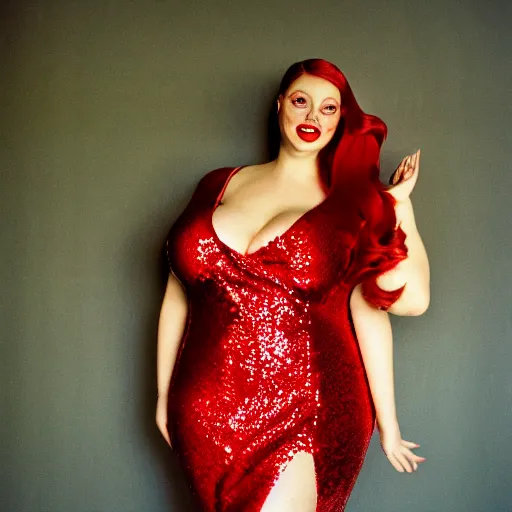 Prompt: film portrait photography of curvy, bubbly, swedish woman as jessica rabbit, head and shoulders photography. red sequin dress. kodak ektar 4 0 0. canon f 1. 2. detailed, realistic