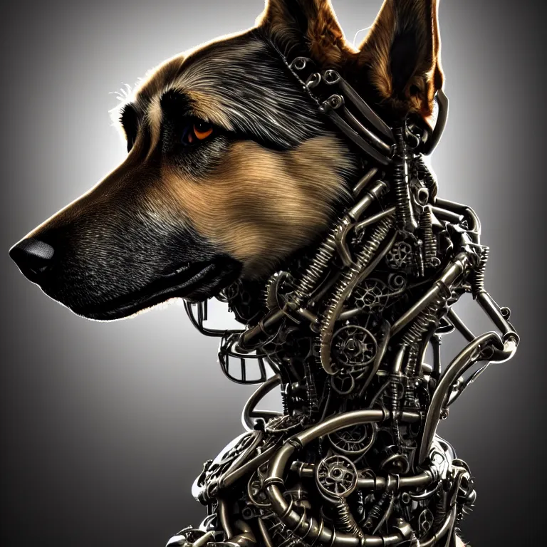 Image similar to steampunk cybernetic biomechanical german shepard, front facing, symmetric, 3 d model, very coherent symmetrical artwork, unreal engine realistic render, 8 k, micro detail, intricate, elegant, highly detailed, centered, digital painting, artstation, smooth, sharp focus, illustration, artgerm, tomasz alen kopera, wlop