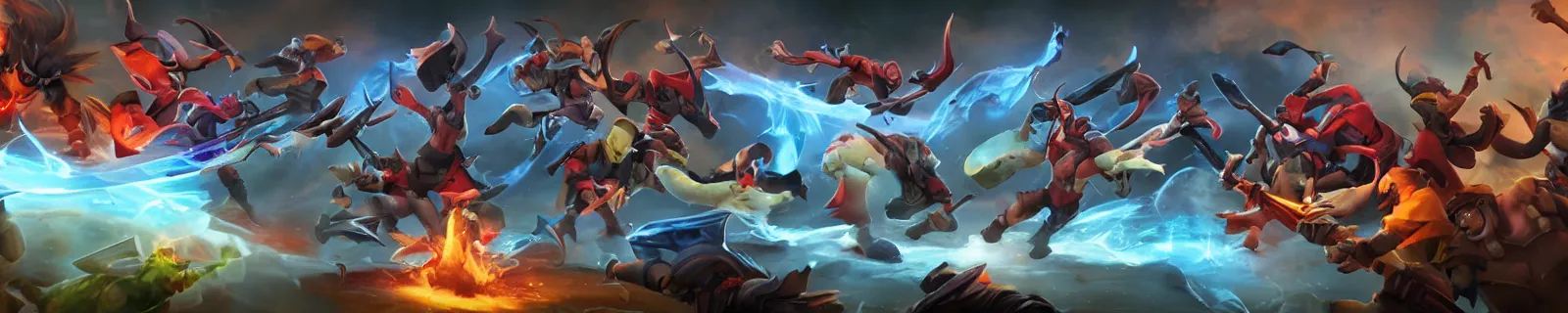 Prompt: a vicious battle between 5 heroes of the dire versus 5 heroes of the radiant from dota 2, visible are 1 0 heroes from the dota 2 universe, everyone is throwing spells or attacks, vicious fight, dynamic shot, dynamic composition, low - angle shot, cumulonimbus clouds, detailed digital painting, drawn by kunkka, artbykunkka