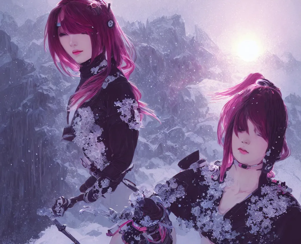 Image similar to portrait ninja gaiden girl, black plus little pink ninja wardrobe, at snowy fuji mountain sunrise, ssci - fi and fantasy, intricate and very very beautiful, detailed, digital painting, artstation, concept art, smooth and sharp focus, illustration, art by tian zi and wlop and alphonse mucha