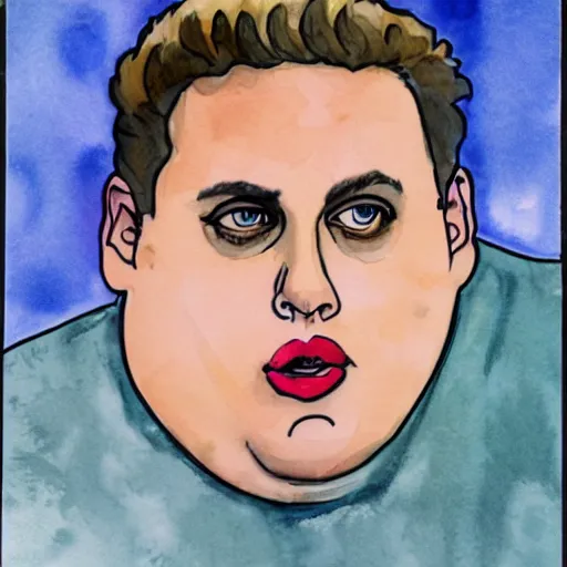 Image similar to jonah hill, stylized. Watercolor and ink. 1990s.