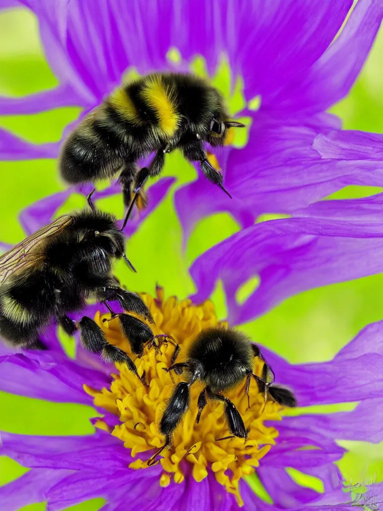 Prompt: bumble bee flying through glowing ring landing on a purple dahlia, hyper-detailed, digital art, artist Bev Dolittle