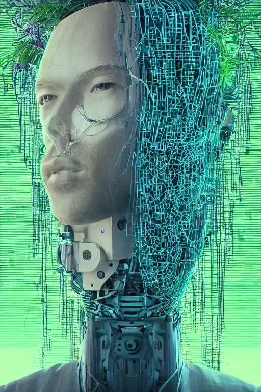 Image similar to a robot with chives and basil growing out of his head, cyberpunk art by Mike Winkelmann and beeple, by Filip Honda, trending on cgsociety, panfuturism, made of chives and basil herbs, glitch art, rendered in cinema4d,