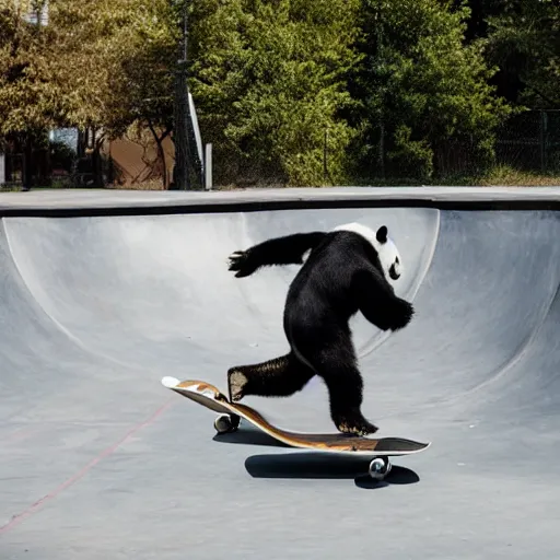 Image similar to a very cool panda bear on a skateboard doing a kickflip in the skatepark. realistic photography, sport photography, sunny day, x - games