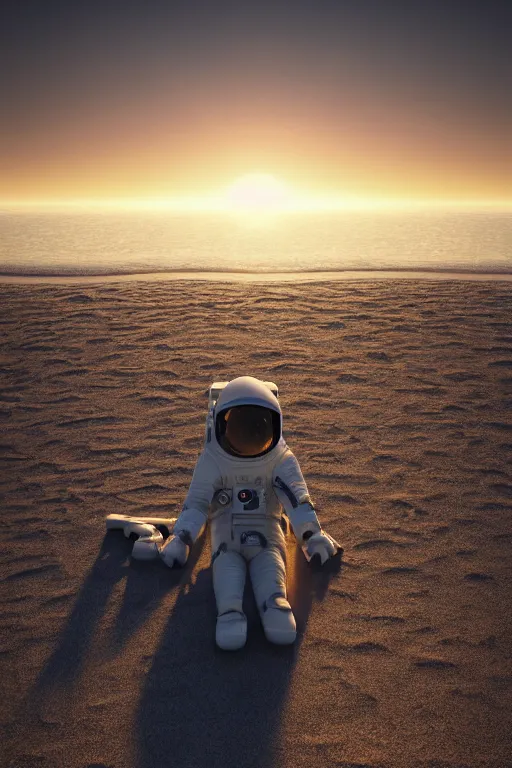 Image similar to a astronaut sitting on the beach looking to the sea at sunrise, concept art, octane render, unreal engine 5, trending on Artstation, high quality, highly detailed, 8K, soft lighting, godrays, path tracing, serene landscape, turbulent sea, high coherence, anatomically correct, hyperrealistic, sand, beautiful landscape, cinematic