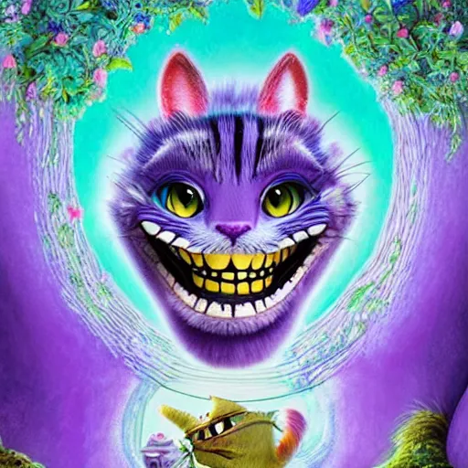 Image similar to the cheshire cat grinning, alice in wonderland, pixar, highly detailed intricate painting