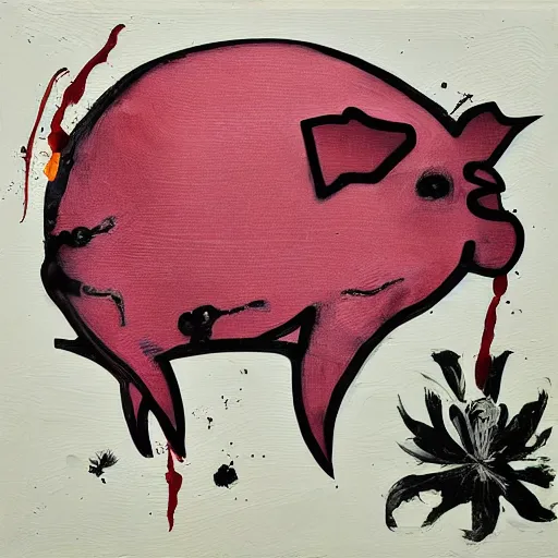 Image similar to “pig paintings and pig sculptures in a pig art gallery, pork, ikebana white flowers, white wax dripping, squashed raspberry stains, acrylic and spray paint and oilstick on canvas, by munch and Dali”