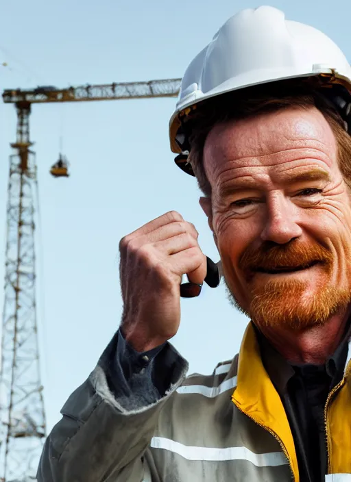 Image similar to closeup portrait of cheerful bryan cranston operating a crane, sitting in a crane, yellow hardhat, sitting in a crane, natural light, bloom, detailed face, magazine, press, photo, steve mccurry, david lazar, canon, nikon, focus