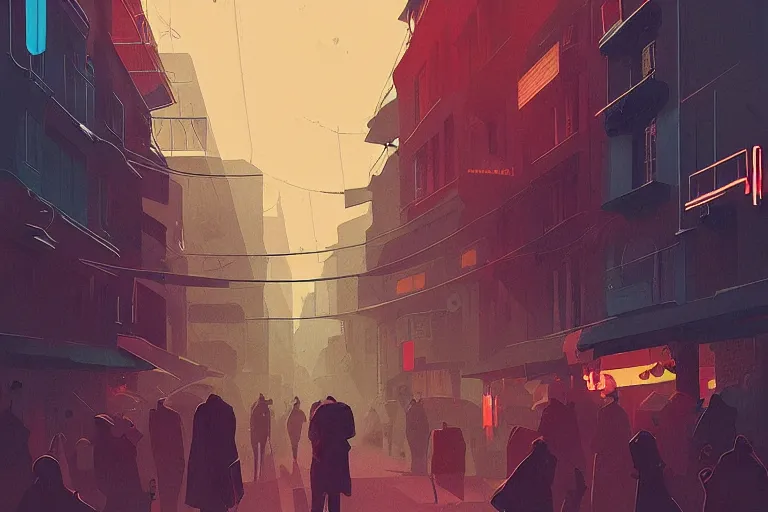 Image similar to busy small town street, lush, many people, modern art deco, colorful, mads berg, christopher balaskas, victo ngai fine texture, detailed, muted colors, dynamic composition, matte print, wide angle, moody, stippled light, very grainy texture, stippled shadows